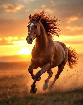 Primary subject: A brown horse with a long mane running through a field.

Setting/background: The horse is running through a field with a sunset in the background.

Visual style: The image is a photo of the horse in motion.

Colors and mood: The dominant colors are orange and yellow, creating a warm and vibrant atmosphere. The horse's mane is red, adding a touch of contrast to the scene.