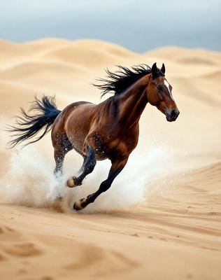 Primary subject: A brown horse running on a sandy surface.

Setting/background: The horse is running on a sandy beach or desert-like terrain.

Visual style: The image is a photo of the horse in motion.

Colors and mood: The image has a warm and natural color palette, with the brown horse and the sandy background creating a sense of movement and freedom.