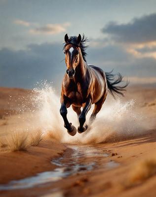 Primary subject: A brown horse running through a desert.

Setting/background: The horse is running through a desert landscape, with sand and a cloudy sky visible in the background.

Visual style: The image is a photo of the horse in motion.

Colors and mood: The dominant colors are brown and orange, with a sandy and arid atmosphere. The mood of the image is energetic and dynamic, as the horse is captured in motion.