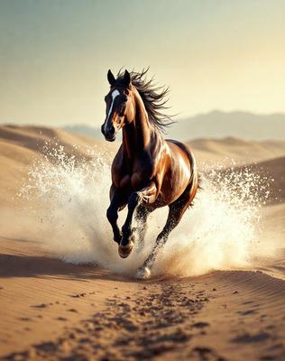 Primary subject: A brown horse running through the sand.

Setting/background: A desert landscape with sand and mountains in the background.

Visual style: A photo of the horse running in the desert.

Colors and mood: The image has a warm and natural color palette, with the brown horse and the sandy desert creating a sense of freedom and adventure.