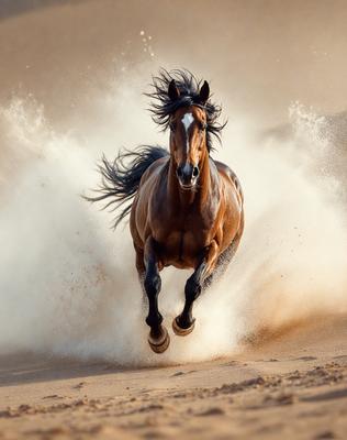 Primary subject: A brown horse with a white face running through the sand.

Setting/background: The horse is running on a sandy beach, with the ocean in the background.

Visual style: The image is a photo of the horse in motion.

Colors and mood: The dominant colors are brown and white, with a sandy and natural atmosphere.