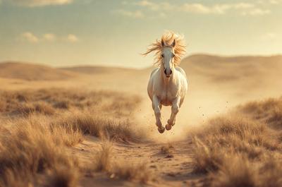Primary subject: A white horse running in a field.

Setting/background: The horse is running in a desert-like environment, with sand and a dusty trail visible.

Visual style: The image is a photo of the horse in motion.

Colors and mood: The image has a warm and natural color palette, with the white horse standing out against the sandy background.