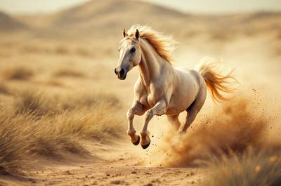 Primary subject: A white horse running in the sand.

Setting/background: A desert landscape with sand and dirt.

Visual style: A photo of the horse in motion.

Colors and mood: The image is in black and white, giving it a classic and timeless feel. The horse's white color stands out against the sandy background, creating a sense of motion and energy.