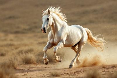 Primary subject: A white horse running in a field.

Setting/background: The horse is running in a field with a dirt surface.

Visual style: The image is a photo of the horse in motion.

Colors and mood: The image has a warm and natural color palette, with the white horse standing out against the dirt field.