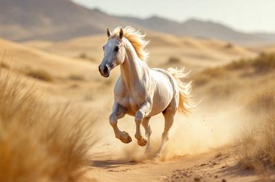 Primary subject: A white horse running in a desert.

Setting/background: The horse is running on a dirt road in a desert environment.

Visual style: The image is a photo of the horse in motion.

Colors and mood: The image has a warm and natural color palette, with the white horse standing out against the desert backdrop.