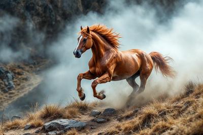 Primary subject: A brown horse with a mane of orange hair.

Setting/background: A rocky hillside with a dusty trail.

Visual style: A photo of the horse in motion.

Colors and mood: The horse has a warm, earthy tone, and the scene has a dusty, rugged atmosphere.