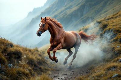 Primary subject: A brown horse running on a trail.

Setting/background: The horse is running on a trail surrounded by grass and hills.

Visual style: The image is a photo of the horse in motion.

Colors and mood: The dominant colors are brown and green, with a lively and energetic mood.