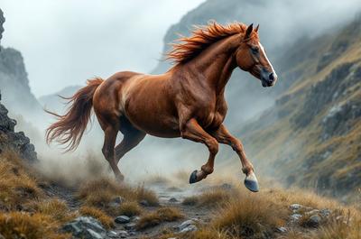Primary subject: A brown horse with a long mane running through a field.

Setting/background: The horse is running through a grassy field with mountains in the background.

Visual style: The image is a photo of the horse in motion.

Colors and mood: The dominant colors are brown and green, with a sense of freedom and energy.