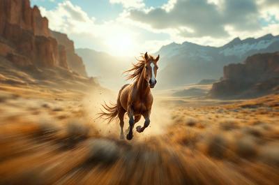 Primary subject: A horse running in a field.

Setting/background: A field with mountains in the background.

Visual style: A photo of the horse running.

Colors and mood: The image is in color, and the horse appears to be running in the sunlight, creating a sense of freedom and energy.