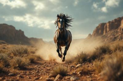Primary subject: A horse running on a dirt road.

Setting/background: A desert landscape with mountains in the background.

Visual style: A photo of the horse running.

Colors and mood: The image is in black and white, giving it a classic and timeless feel. The horse's movement and the desert's natural beauty create a sense of freedom and adventure.