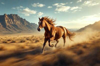 Primary subject: A brown horse running in a desert-like environment.

Setting/background: The horse is running on a dirt road, with mountains in the background.

Visual style: The image is a photo of the horse in motion.

Colors and mood: The image has a warm and natural color palette, with the brown horse and the desert landscape creating a sense of freedom and adventure.
