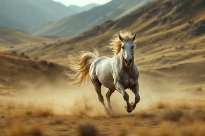 Primary subject: A horse running in a dusty field.

Setting/background: The horse is running in a dusty field with mountains in the background.

Visual style: The image is a photo of the horse running in the field.

Colors and mood: The image has a warm and natural color palette, with the dusty field and mountains creating a sense of movement and freedom.