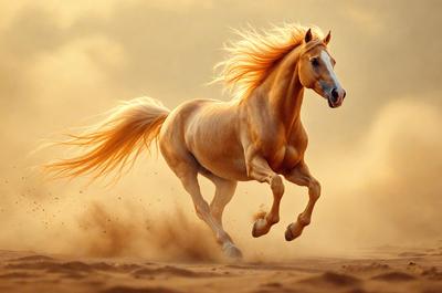 Primary subject: A blonde horse running on a sandy surface.

Setting/background: The horse is running on a sandy beach, with a yellow sky in the background.

Visual style: The image is a digital artwork, featuring a beautifully drawn horse in motion.

Colors and mood: The dominant colors are yellow and orange, creating a warm and energetic atmosphere.