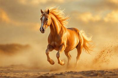 Primary subject: A horse running in the sand.

Setting/background: A desert landscape with sand and a cloudy sky.

Visual style: A photo of the horse running in the sand.

Colors and mood: The image has a warm and natural color palette, with the horse's coat being a mix of brown and white. The overall atmosphere is energetic and dynamic, as the horse is captured in motion.