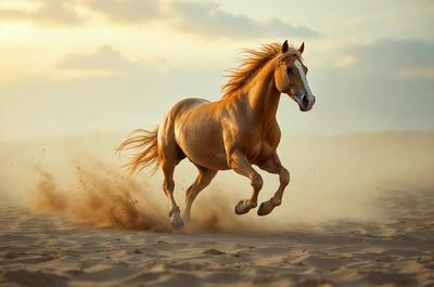 Primary subject: A brown horse running on a sandy beach.

Setting/background: The horse is running on a sandy beach, with a sky background.

Visual style: The image is a photo of the horse running on the beach.

Colors and mood: The dominant colors are brown and orange, with a warm and energetic atmosphere.