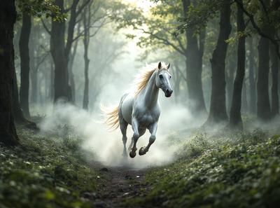 Primary subject: A white horse running through a forest.

Setting/background: The horse is running through a forest with trees and grass around it.

Visual style: The image is a photo of the horse in motion.

Colors and mood: The image has a vibrant and lively atmosphere, with the white horse standing out against the green forest.