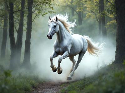 Primary subject: A white horse with blonde mane and tail, running through a forest.

Setting/background: The horse is running through a forest, surrounded by trees and foliage.

Visual style: The image is a photo of the horse in motion.

Colors and mood: The horse is white, and the forest has a lush green color, creating a serene and natural atmosphere.