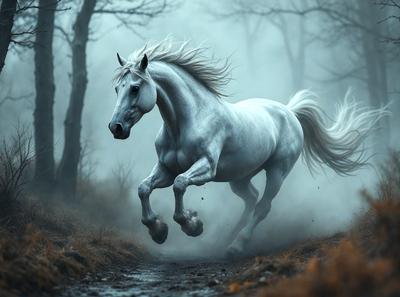 Primary subject: A white horse running through a forest.

Setting/background: The horse is running through a forest, surrounded by trees and possibly some fog.

Visual style: The image is a digital artwork, featuring a white horse in motion.

Colors and mood: The image has a dark and moody atmosphere, with the horse and the forest creating a dramatic scene.