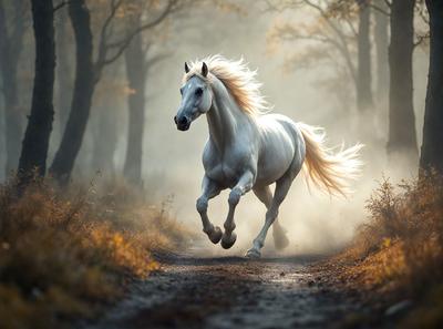 Primary subject: A white horse running through a forest.

Setting/background: The horse is running on a dirt road surrounded by trees.

Visual style: The image is a digital artwork.

Colors and mood: The image has a warm and natural color palette, with the white horse standing out against the forest backdrop.