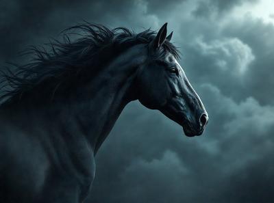 Primary subject: A black horse with a flowing mane.

Setting/background: The horse is standing in front of a dark, cloudy sky.

Visual style: The image is a digital art or illustration of a horse.

Colors and mood: The dominant colors are black and grey, creating a moody and dramatic atmosphere.