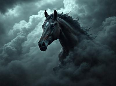 Primary subject: A horse with a white face and black mane.

Setting/background: A dark, cloudy sky.

Visual style: Digital art.

Colors and mood: The image is in black and white, giving it a dramatic and moody atmosphere.