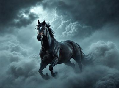 Primary subject: A black horse with a flowing mane.

Setting/background: A dark, cloudy sky.

Visual style: Digital art.

Colors and mood: The image is in black and white, giving it a dramatic and moody atmosphere.