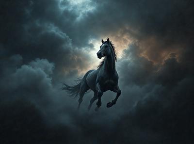 Primary subject: A horse flying through the air.

Setting/background: The horse is flying through a dark, cloudy sky.

Visual style: The image is a digital art or illustration.

Colors and mood: The image has a dark and moody atmosphere, with the horse being the main focus.