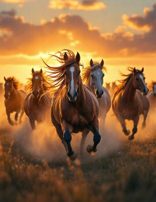 Primary subject: A brown horse with a flowing mane.

Setting/background: A field with a sunset in the background.

Visual style: A photo of the horse in motion.

Colors and mood: The image is in color, with warm tones from the sunset and the horse's brown coat. The mood is energetic and dynamic, as the horse is running through the field.