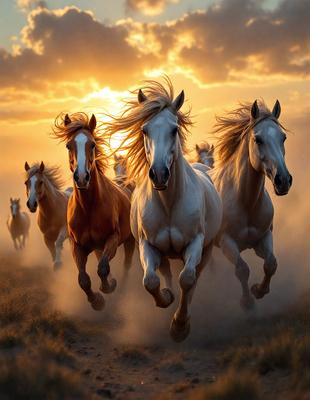 Primary subject: Horses
Setting/background: A field with dirt
Visual style: Digital art
Colors and mood: The image is in color, with a warm and natural atmosphere.