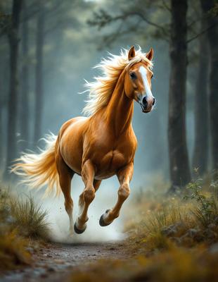 Primary subject: A brown horse with blonde hair running through a forest.

Setting/background: The horse is running through a forest with trees surrounding it.

Visual style: The image is a photo of the horse in motion.

Colors and mood: The horse has a blonde mane, and the forest has a natural, serene atmosphere.