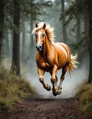 Primary subject: A brown horse with blonde mane and tail, running through a forest.

Setting/background: The horse is running through a forest, surrounded by trees and foliage.

Visual style: The image is a photo of the horse in motion.

Colors and mood: The horse is brown, and the forest has a lush green color, creating a sense of movement and freedom.