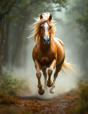 Primary subject: A blonde horse running through a forest.

Setting/background: The horse is running through a forest, with trees and a dirt path visible in the background.

Visual style: The image is a photo of the horse in motion.

Colors and mood: The image has a warm and natural color palette, with the horse's blonde mane and the forest's greenery creating a sense of freedom and adventure.