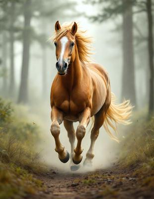 Primary subject: A brown horse running through a forest.

Setting/background: The horse is running through a forest with trees in the background.

Visual style: The image is a digital art or illustration of the horse running.

Colors and mood: The dominant colors are brown and green, creating a natural and serene atmosphere.