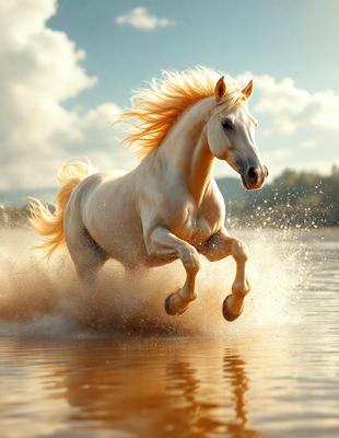Primary subject: A white horse running through water.

Setting/background: The horse is running through a body of water, possibly a lake or a river.

Visual style: The image is a photo of the horse in motion.

Colors and mood: The image has a warm and vibrant color palette, with the white horse standing out against the water. The overall atmosphere is energetic and dynamic.