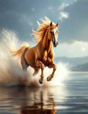 Primary subject: A brown horse running through water.

Setting/background: The horse is running through a body of water, possibly a lake or a river.

Visual style: The image is a digital art or illustration of the horse running through the water.

Colors and mood: The image has a vibrant and dynamic color palette, with the brown horse and the water creating a sense of motion and energy.