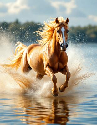 Primary subject: A brown horse with blonde hair running through water.

Setting/background: The horse is running through a body of water, possibly a lake or a river.

Visual style: The image is a photo of the horse in motion.

Colors and mood: The horse has a golden color, and the overall atmosphere is energetic and dynamic.