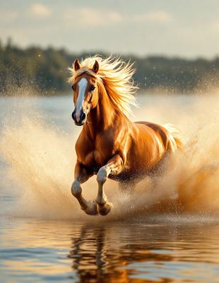 Primary subject: A brown horse with blonde hair running through water.

Setting/background: The horse is running through a body of water, possibly a lake or a river.

Visual style: The image is a photo of the horse in motion.

Colors and mood: The horse has a golden color, and the overall atmosphere is energetic and dynamic.