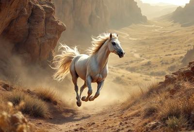 Primary subject: A white horse running on a dirt road.

Setting/background: The horse is running on a dirt road, with a mountain in the background.

Visual style: The image is a photo of the horse in motion.

Colors and mood: The image has a warm and natural color palette, with the white horse standing out against the dirt road and mountain backdrop.