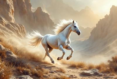 Primary subject: A white horse running on a dirt road.

Setting/background: The horse is running in a desert-like environment, with mountains in the background.

Visual style: The image is a digital art illustration.

Colors and mood: The image has a warm and natural color palette, with the white horse standing out against the brown dirt and mountains.