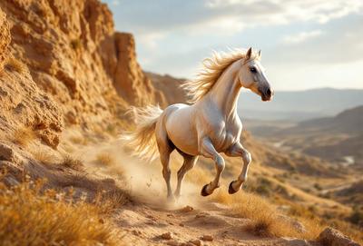 Primary subject: A white horse running on a dirt hill.

Setting/background: The horse is running on a dirt hill, with a mountain in the background.

Visual style: The image is a photo of the horse in motion.

Colors and mood: The image has a warm and natural color palette, with the white horse standing out against the dirt hill and mountain backdrop.