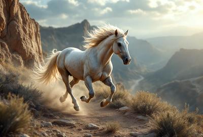 Primary subject: A white horse running on a dirt road.

Setting/background: The horse is running on a dirt road, with a mountain in the background.

Visual style: The image is a digital artwork.

Colors and mood: The image has a warm and natural color palette, with the white horse standing out against the dirt road and mountain backdrop.