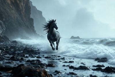 Primary subject: A horse running on a beach.

Setting/background: The horse is running on a rocky beach near the ocean.

Visual style: The image is a photo of the horse running on the beach.

Colors and mood: The image has a blue and gray color palette, creating a calm and serene atmosphere.