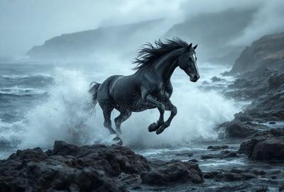 Primary subject: A horse running through the ocean waves.

Setting/background: The ocean with waves and rocks.

Visual style: The image is a black and white photo.

Colors and mood: The image has a dramatic and moody atmosphere, with the horse and ocean waves creating a sense of motion and power.