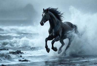 Primary subject: A horse running on the beach.

Setting/background: The beach with waves crashing on the shore.

Visual style: The image is a digital artwork.

Colors and mood: The image has a blue and white color scheme, creating a serene and calming atmosphere.