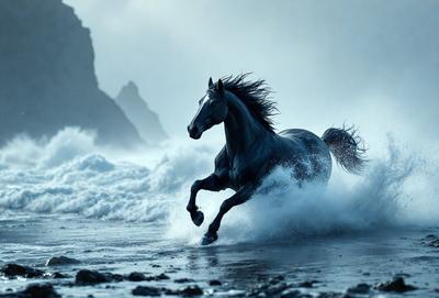 Primary subject: A horse running through the ocean waves.

Setting/background: The ocean with waves and a mountain in the background.

Visual style: The image is a digital artwork.

Colors and mood: The image has a dark and moody atmosphere, with the horse and the ocean waves being the main focus.