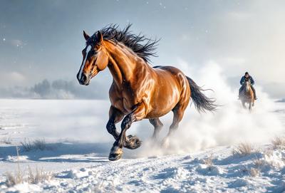 Primary subject: A brown horse running through the snow.

Setting/background: The horse is running through a snow-covered field.

Visual style: The image is a photo of the horse in motion.

Colors and mood: The dominant colors are white and brown, with a cold and wintry atmosphere.