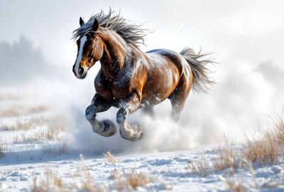 Primary subject: A brown horse running through the snow.

Setting/background: The horse is running through a snowy field, with a white sky in the background.

Visual style: The image is a photo of the horse in motion.

Colors and mood: The dominant colors are white and brown, with a cold and snowy atmosphere.