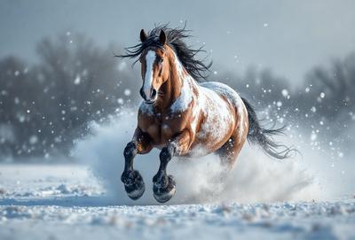 Primary subject: A brown horse with a black mane running through the snow.

Setting/background: The horse is running through a snowy field, with trees in the background.

Visual style: The image is a photo of the horse in motion.

Colors and mood: The dominant colors are white from the snow and brown from the horse's coat. The overall atmosphere is dynamic and energetic, as the horse is running swiftly through the snow.