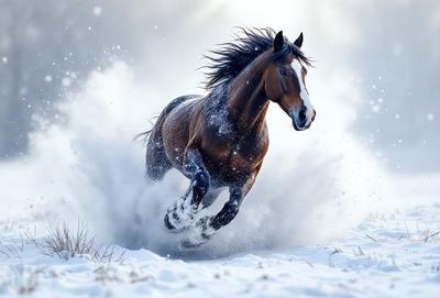 Primary subject: A brown horse running through the snow.

Setting/background: The horse is running through a snowy field, with a white sky in the background.

Visual style: The image is a photo of the horse in motion.

Colors and mood: The dominant colors are white and brown, with a cold and snowy atmosphere.