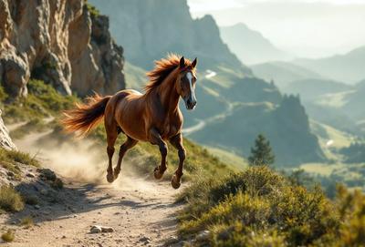 Primary subject: A brown horse running on a dirt road.

Setting/background: The horse is running on a dirt road, surrounded by a mountainous landscape.

Visual style: The image is a photo of the horse in motion.

Colors and mood: The image has a warm and natural color palette, with the brown horse as the main focus.